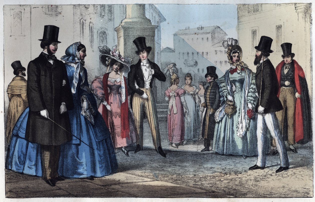 Italiensk mote på 1800-tallet - gravering fra "" Bruk og skikker til alle folkeslag i universet. Det vil si historien om regjeringen, lovene, militsen, om religionen til alle nasjoner fra de fjerneste tider til i dag "1856 av Unknown artist