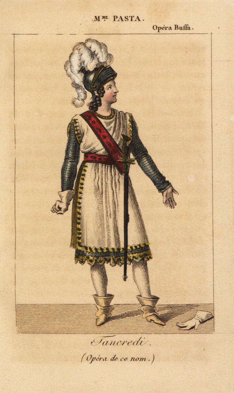 Den italienske sopransangerinnen Giuditta Pasta i hovedrollen som Tancredi i operaen med samme navn av Gioachino Rossini fremført på Opera Buffa, Paris av Unknown artist