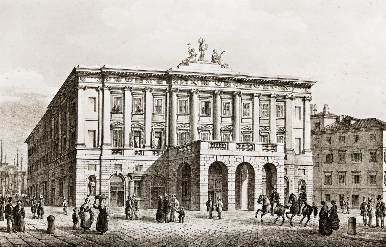 Italia, Trieste, utsikt over Teatro Grande, gravering av Unknown artist