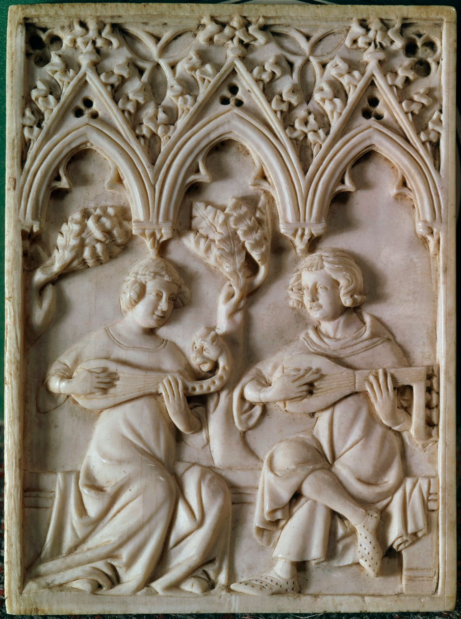 Elfenbenstablet som representerer to musikere. 1300-tallet. Paris, Nasjonalmuseet for middelalderen, Thermes de Cluny av Unknown artist