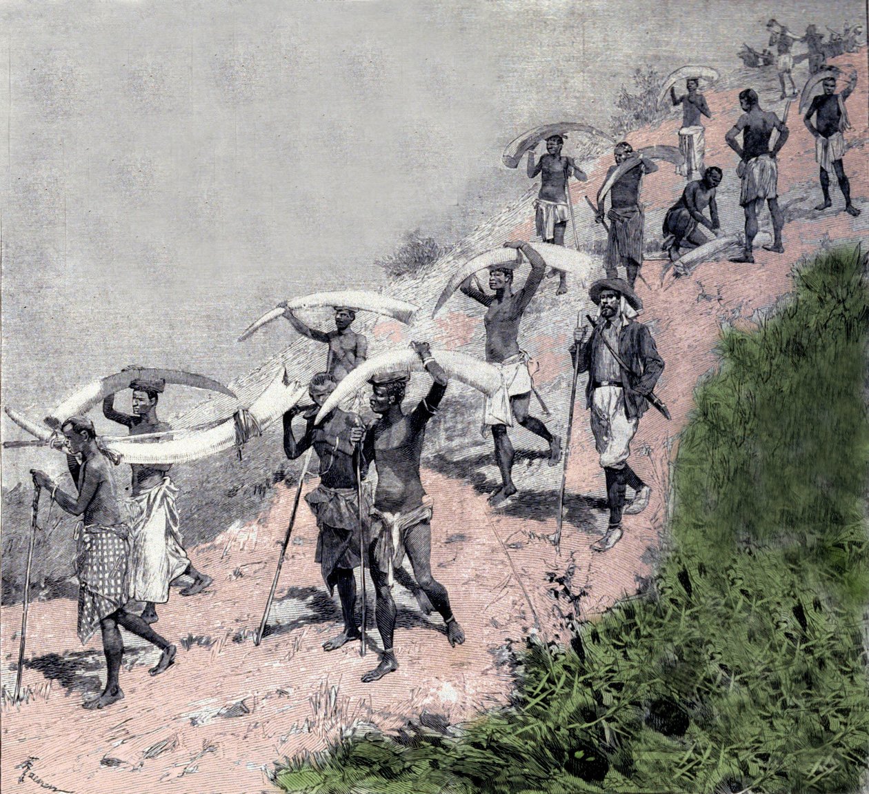 Elfenbenshandel: karavane av kongolesiske transportører bærer elefantforsvar. Gravering fra 1800-tallet av Unknown artist