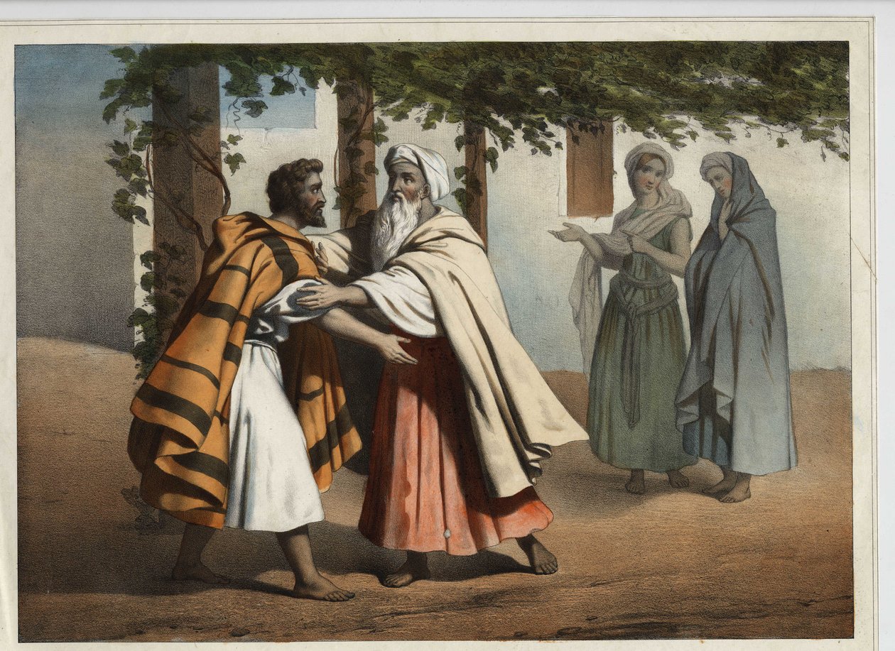 Jakob som flyktet fra Esaus hevn, hans bror, ble møtt av Laban. Anonym gravering fra 1800-tallet. av Unknown artist