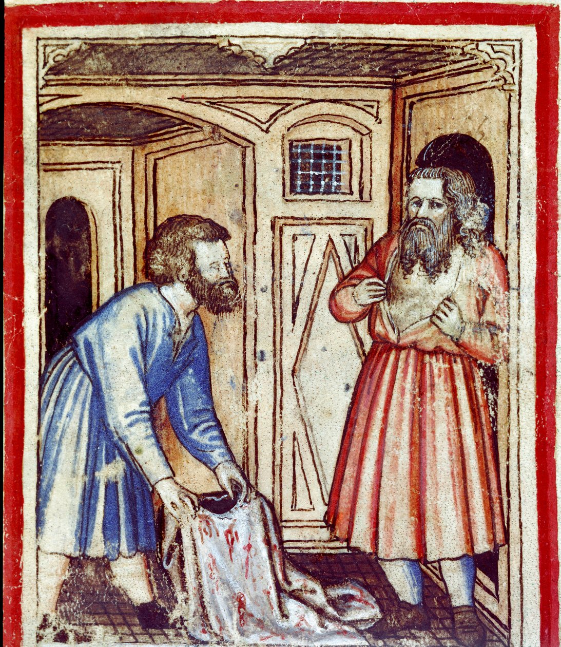 Jakob får vite om døden til sønnen Joseph, solgt av brødrene hans til egypternes miniatyr fra codex 212 (eller padovano codice eller Bible of Padua) 1390-1400 Rovigo, Accademia dei Concordi av Unknown artist