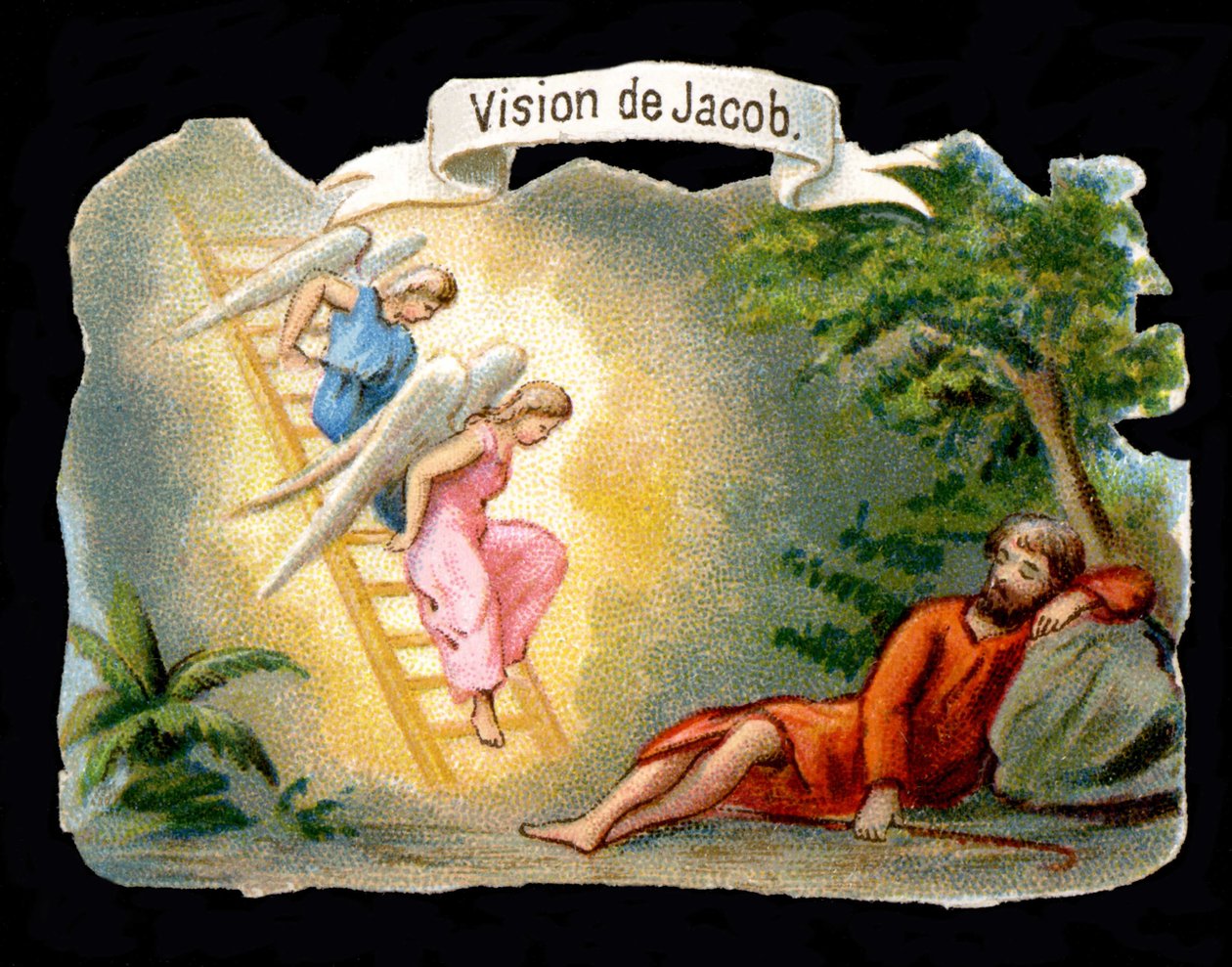 Jakobs syn representert av engler som stiger ned fra himmelen ved en stige. Kromolitografi fra 1800-tallet. av Unknown artist