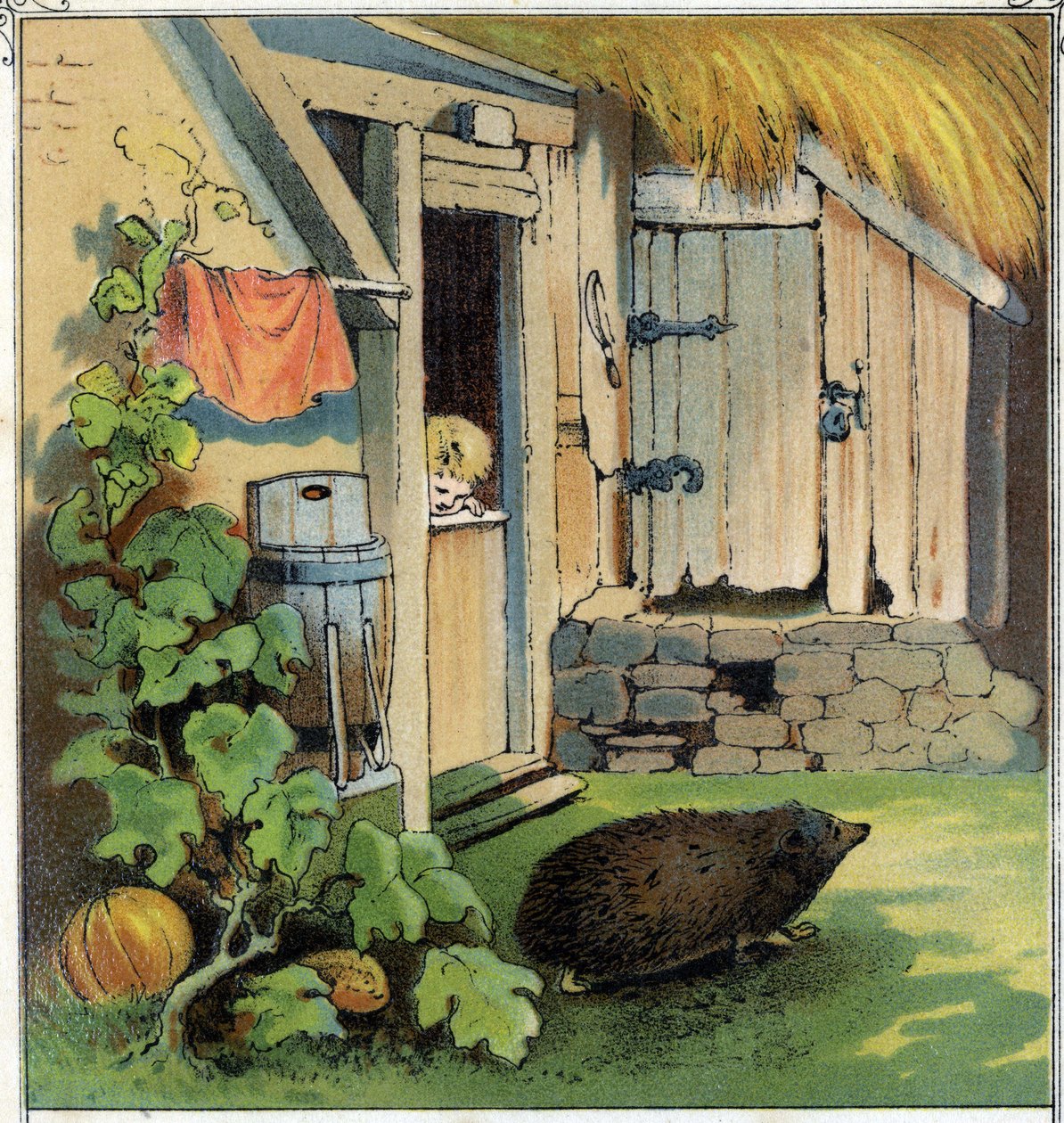 Jacques observerer en herisson som krysser gårdsplassen til huset hans. Kromolitografi fra "" Scenes enfantines"", red. Guerin - Muller rundt 1885. av Unknown artist