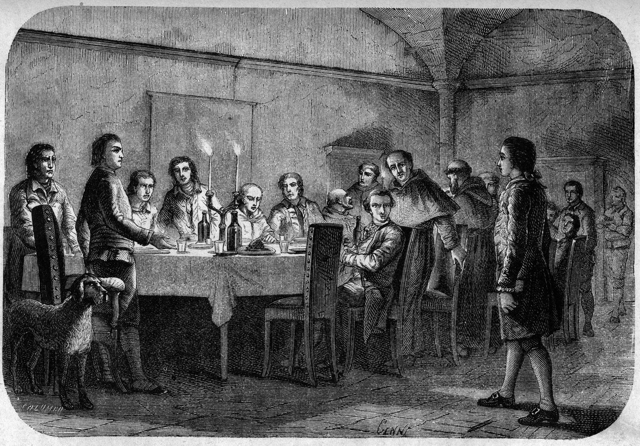James Boswell (1740-1795) Scottish writer and lawyer, son of Lord Alexander Boswell received during a meeting at a meal given by Pascal (Pasquale) Paoli. In “” Pasquale Paoli ossia la rotta di Pontenuovo””” by F.D. Guerrazzi. 1872. av Unknown artist