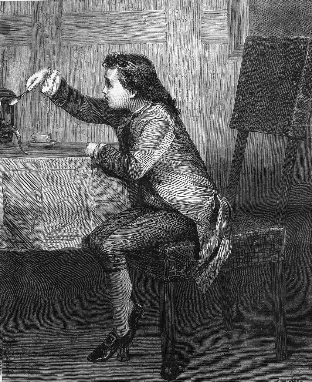 James Watt (1736-1819) child discovering the laws of steam.Engraving of 1868 according to the painting by Marcus Stone. av Unknown artist