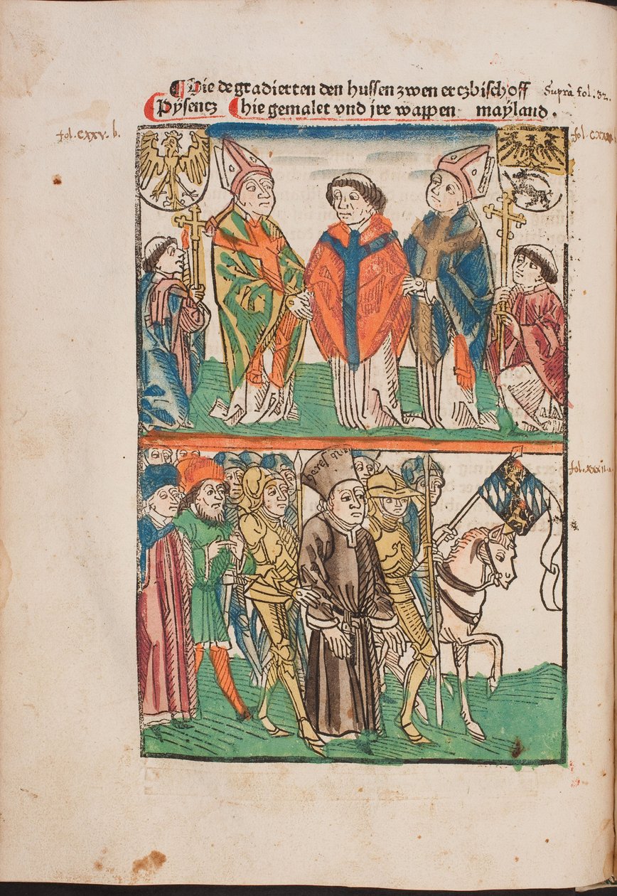 Jan Hus (1365-1415) livre au pouvoir seculier - Jan Hus overgitt til den sekulære makten (Illustrasjon fra Richentalens illustrerte kronikk), Anonym . Akvarell og blekk på papir av Unknown artist