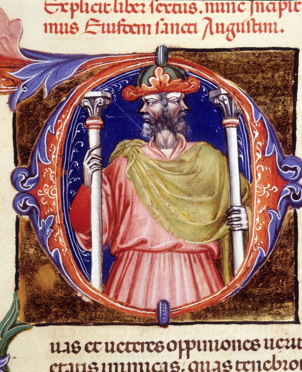 Janus, romersk guddom, to motsatte ansikter - fra et manuskript av "De civitate dei" av Saint Augustine, tidlig på 1400-tallet. Kommunal Bibl. av Rimini. av Unknown artist