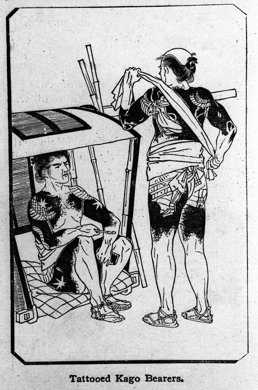 Japan. Kago-bærere fullstendig tatovert. Tegning. av Unknown artist