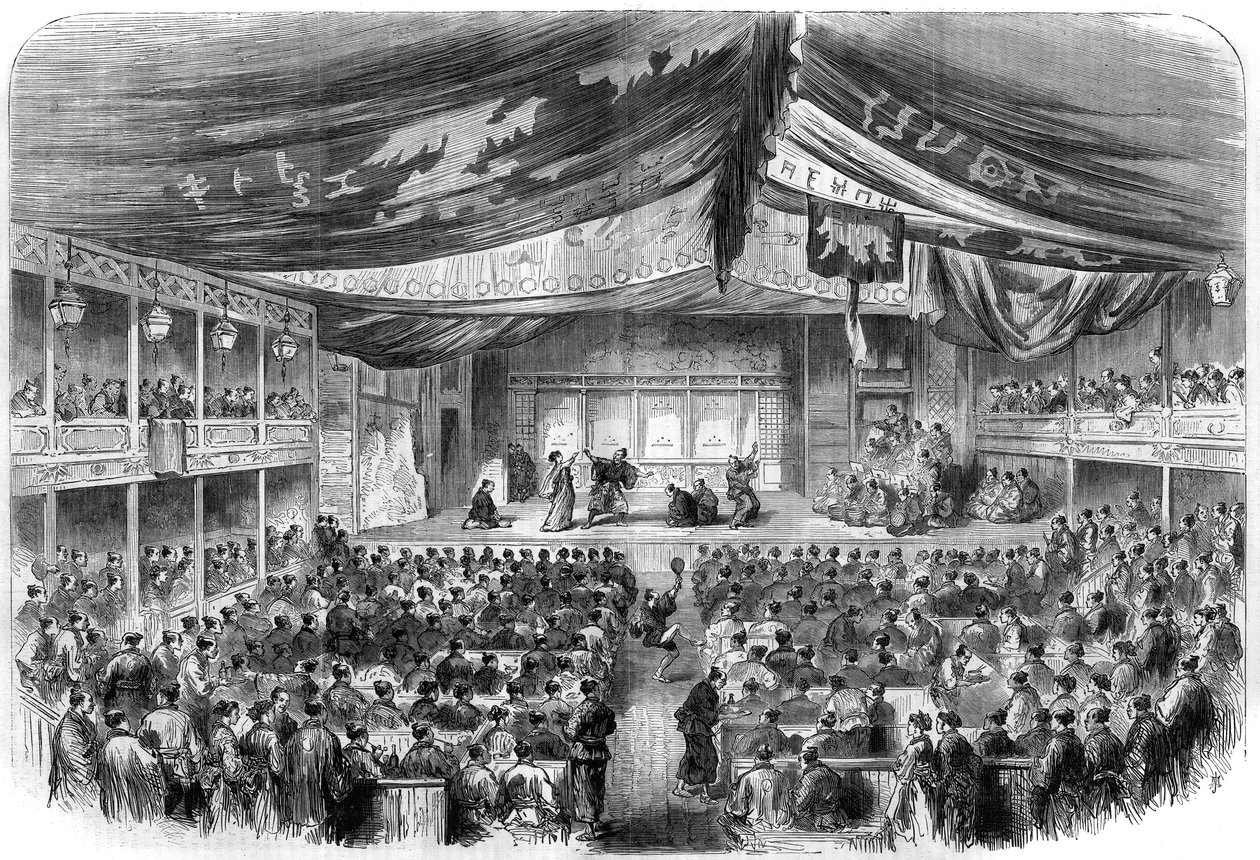 Japanese Theatre: dramatic presentation in Osaka. Engraving in “” The Illustrious Universe”” av Unknown artist