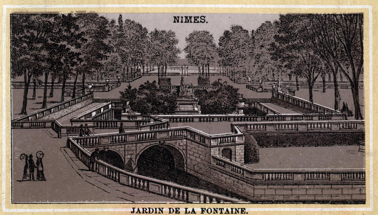Jardin de la Fontaine i Nimes (Gard, Languedoc-Roussillon). Kromolitografi fra slutten av 1800-tallet. av Unknown artist
