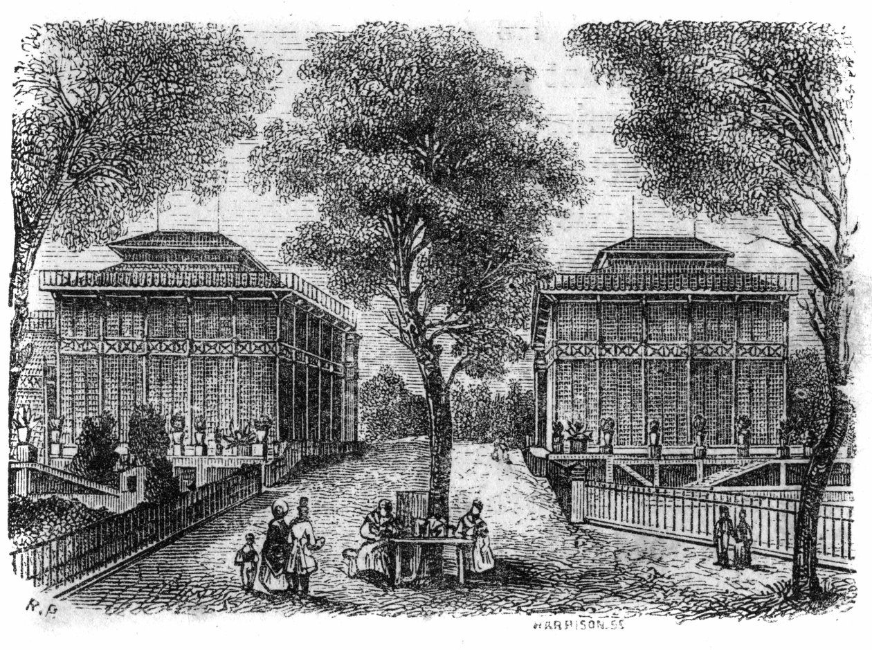 Jardin des Plantes i Paris i 1861: jernpaviljonger. av Unknown artist