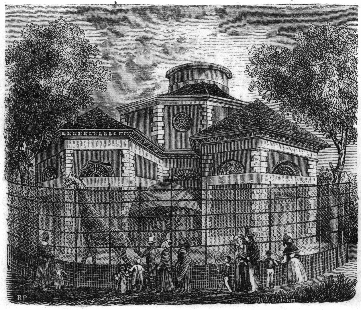 Jardin des Plantes i Paris i 1861: rotunde av elefanter og sjiraffer. av Unknown artist