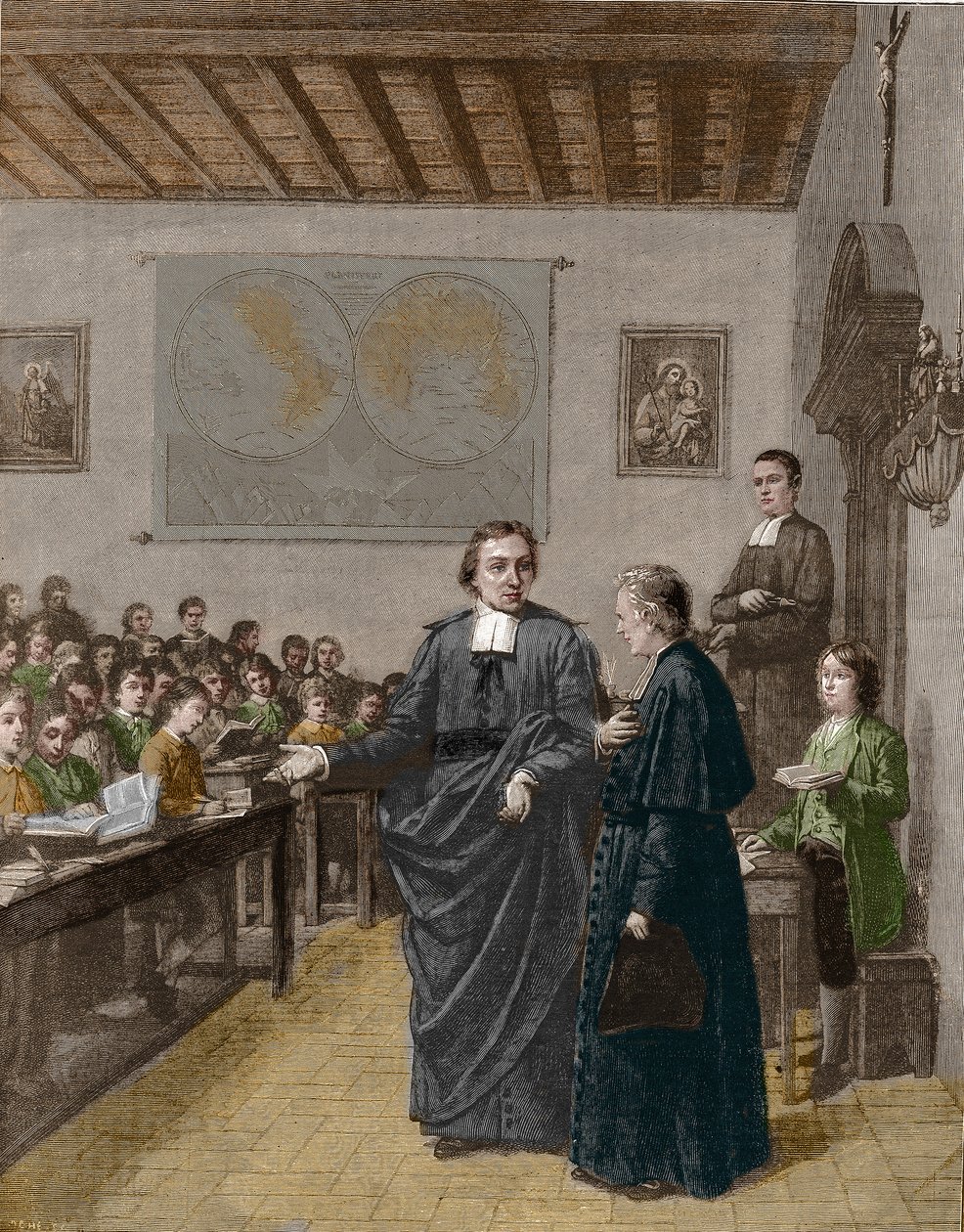 Jean Baptiste De La Salle (Jean-Baptiste) (1651-1719) fransk religiøs, grunnlegger av kongregasjonen av brødrene til de kristne skolene, viser en av skolene sine til M de La Chetardie. Gravering fra slutten av 1800-tallet. av Unknown artist