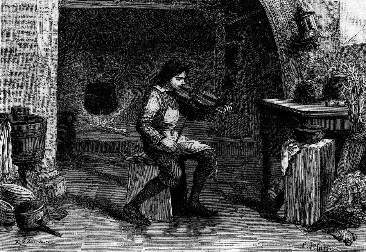 Jean Baptiste Lully (Giovanni Battista Lulli), child, playing violin in the kitchen of Mademoiselle de Montpensier. Engraving av Unknown artist