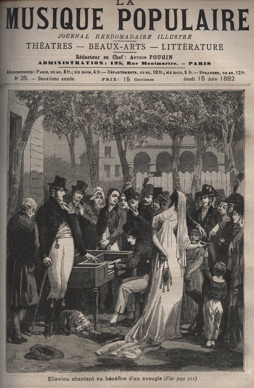 Jean Elleviou, fransk sanger, komiker og librettist (1769-1842) sang til fordel for en blind mann i 1801 på Champs-Elysees - gravering i "La musique populaire"" uketidsskrift berømt - 1882 av Unknown artist