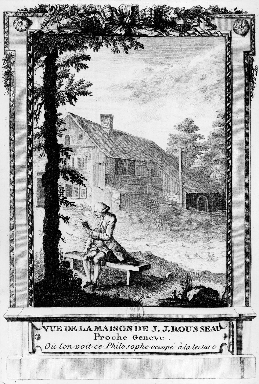Jean Jacques Rousseau (1712-1778), fransktalende Genève-forfatter og filosof; sett fra huset hans (nær Genève). av Unknown artist
