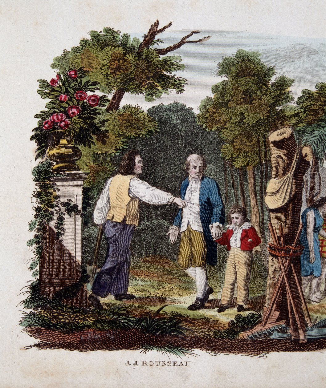Jean Jacques Rousseau med et barn, sammenflettet av en bonde av Unknown artist