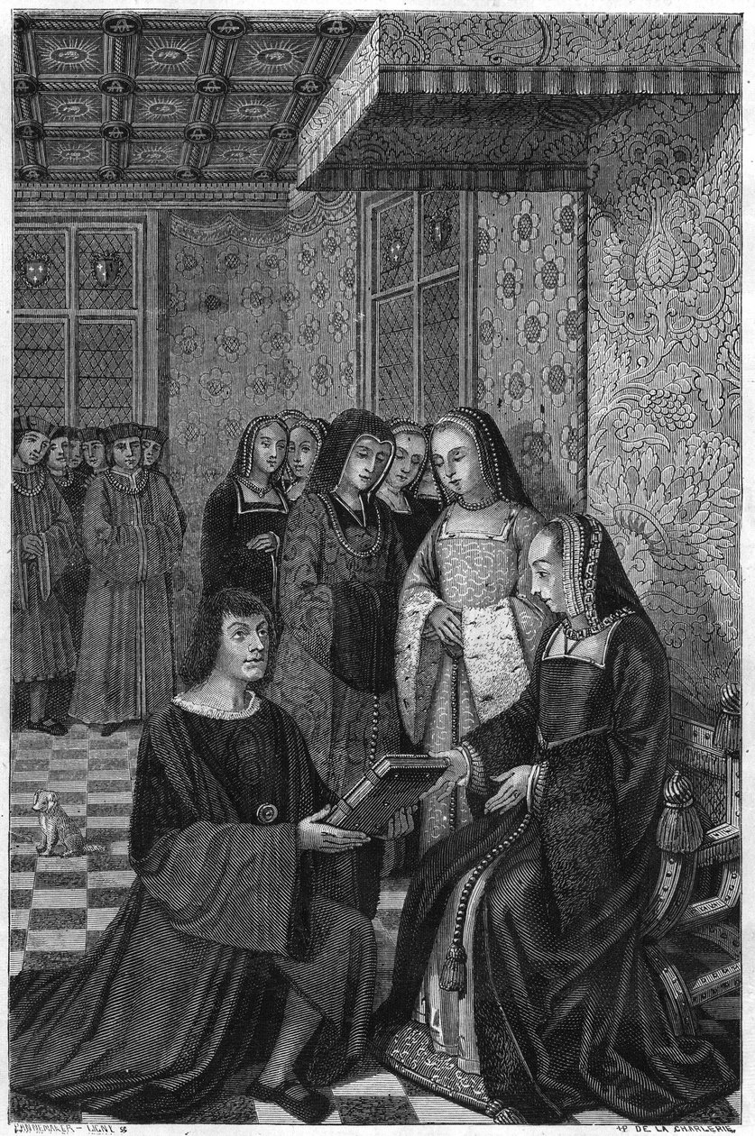 Jean Marot, poet (1463-1526), offering a volume of poetry to Queen Anne of France. Engraving of the 19th century. av Unknown artist