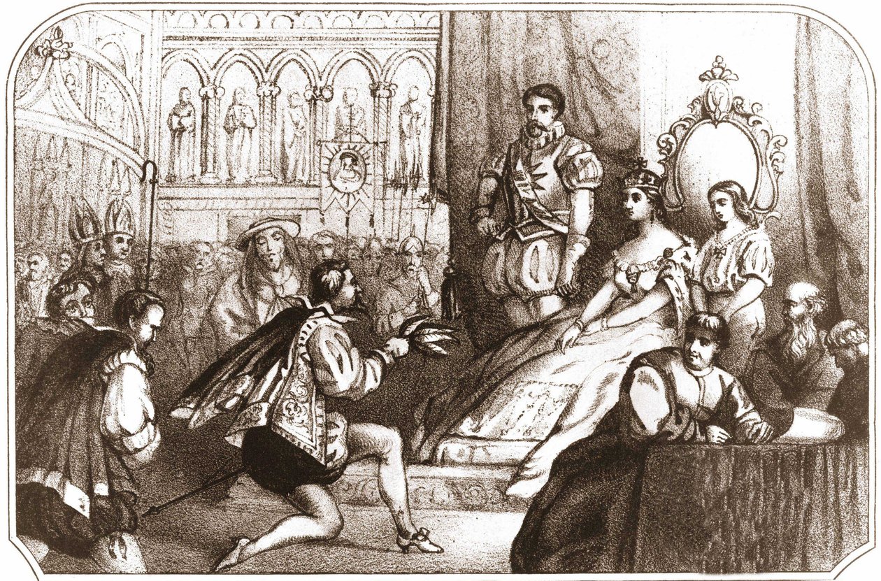 Jean Nicot presenterer tobakksplanten til Catherine de Medicis (Caterina de Medici) og Grand Prior of House of Lorraine. Litografi fra 1500-tallet rundt 1868. av Unknown artist