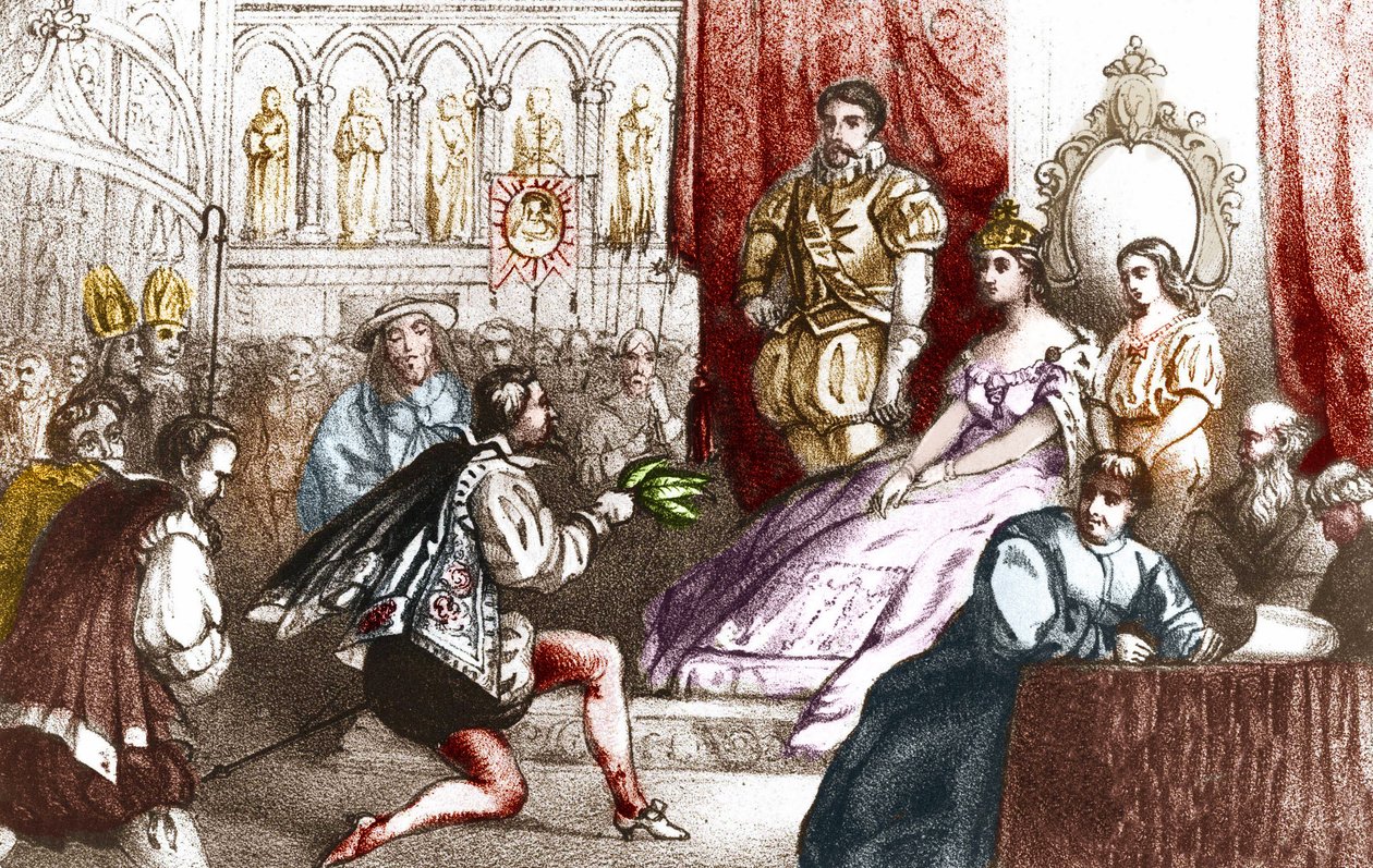 Jean Nicot presenterer tobakksplanten til Catherine de Medicis (Caterina de medici) og til Grand Prior of House of Lorraine. Det 16. århundre. Gravering fra 1800-tallet av Unknown artist