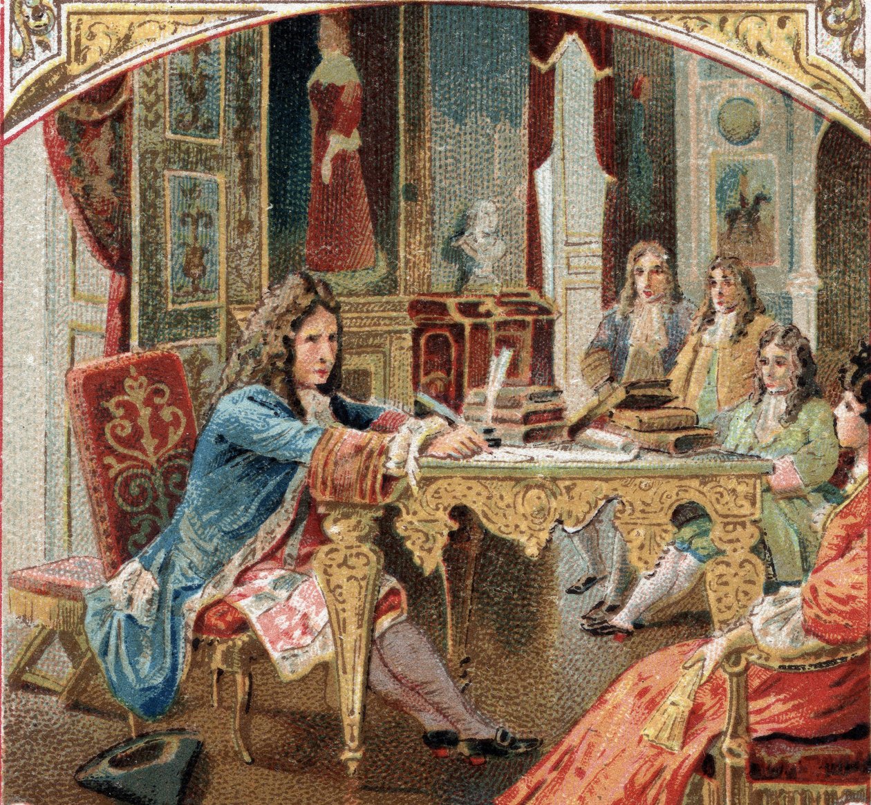 Jean Racine (1639-1699) komponent "Esther" og "Athalie" på Maintenon Castle. Kromolitografi fra slutten av 1800-tallet av Unknown artist