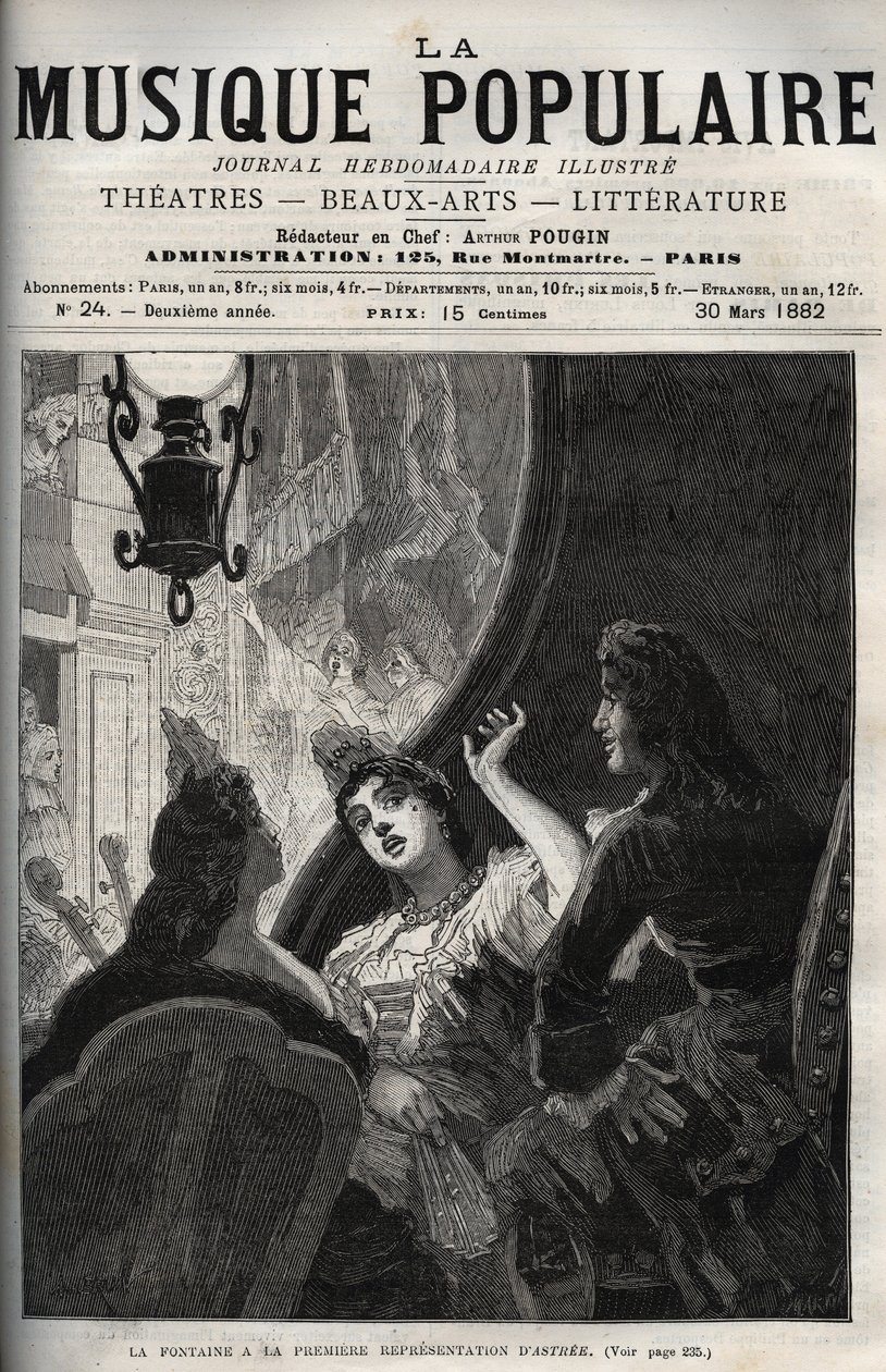 Jean de La Fontaine (Lafontaine) at the premiere performance of the opera “” Astree”” by Pascal Collasse (Colasse) (1649-1709) - engraving in “La musique populaire”” weekly illustrious newspaper - 1882 av Unknown artist