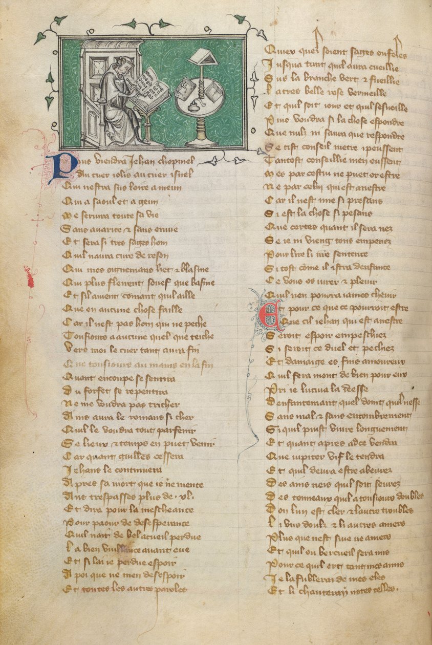Jean de Meun skriver åpningsordene til diktet sitt (som begynner på f. 28), i Roman de la Rose av Unknown artist