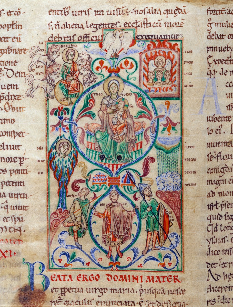 Jesse treet omgir symboler på jomfruelighet The Virgin er designet med navnet bysantinsk av Theotokos. Miniatyr hentet fra "Lectiaire de Citeaux"" Dijon fra 1100-tallet, kommunalt bibliotek av Unknown artist