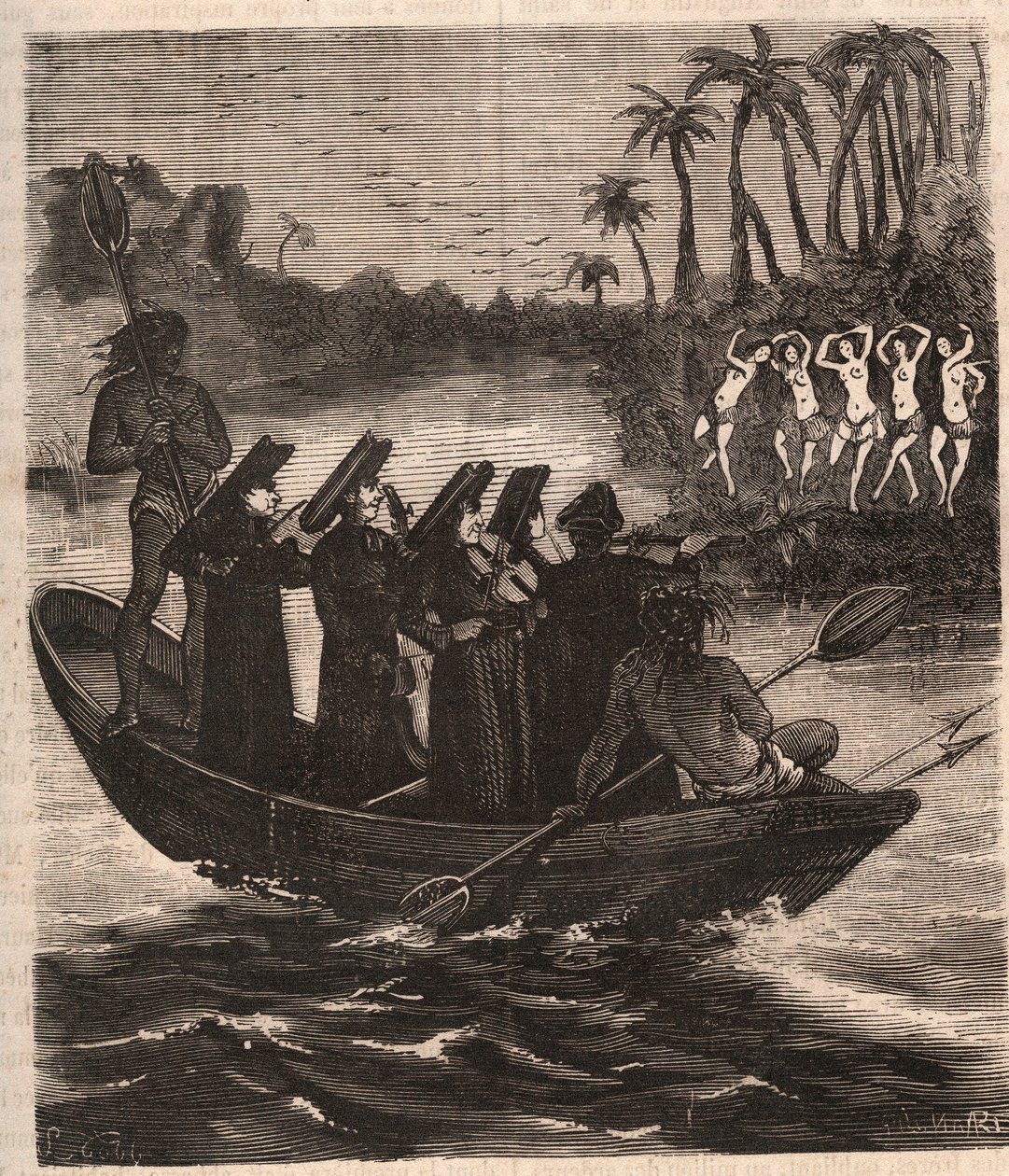 Jesuit missionaries arrive by boat among the Guarani Indians in Paraguay in 1553 - Engraving of 1879 in “History of Secrete, Political and Religious Societes” by Pierre Zaccone (1817-1895) av Unknown artist