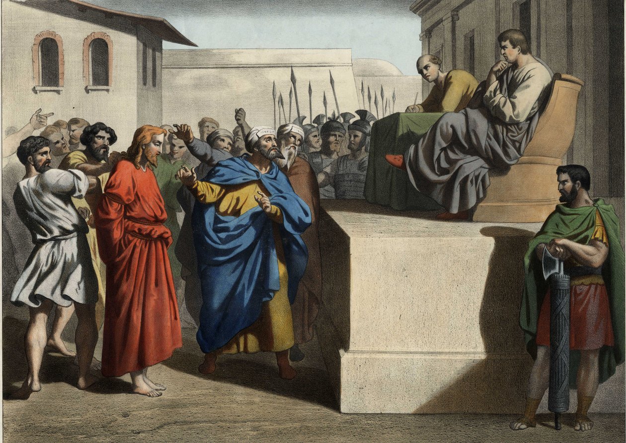 Jesus Kristus før Pontius Pilatus (Pontius Pilatus). Anonym gravering fra midten av 1800-tallet. av Unknown artist