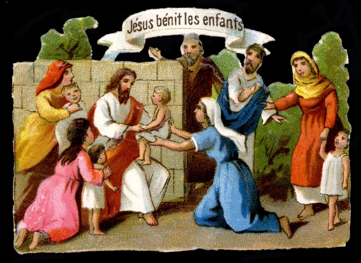 Jesus Christ blessing children. 19th century chromolithography. av Unknown artist