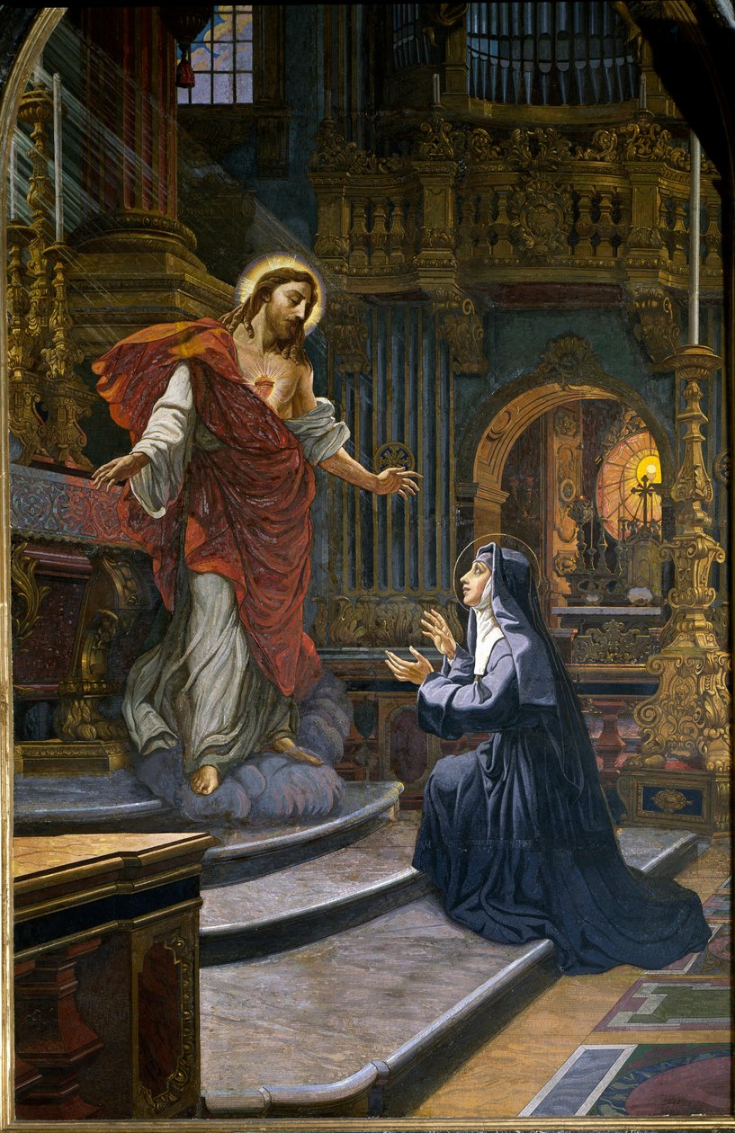 Jesus viser seg for Saint Margaret Mary (Margaret Mary) Alacoque (1647-1690) mystisk av Order of Mosaic Visitation. Peterskirken i Roma (Vaticano, San Pietro) av Unknown artist