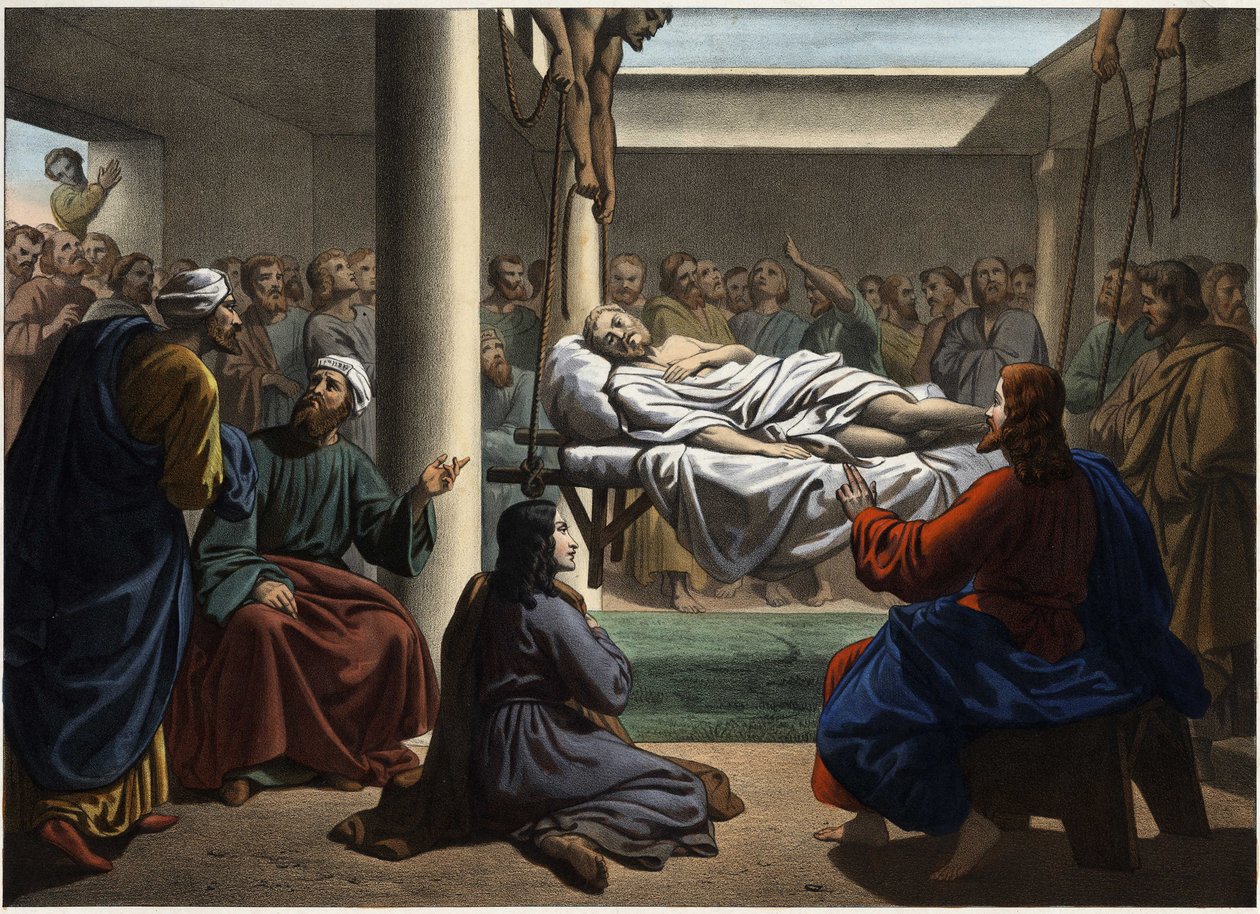 Jesus healing the paralytic of Bethesda. Anonymous engraving from the middle of the 19th century. av Unknown artist