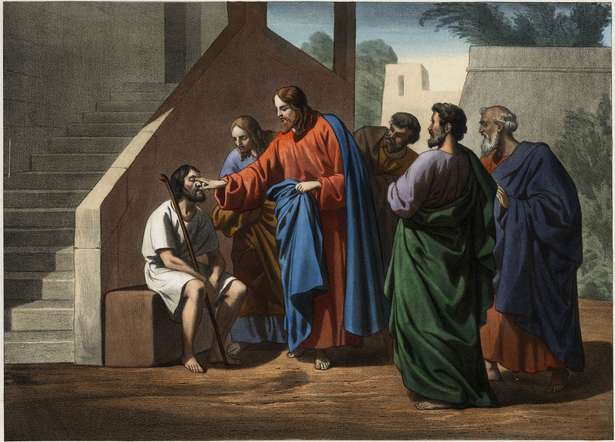 Jesus kriger mannen født blind. Anonym gravering fra midten av 1800-tallet. av Unknown artist