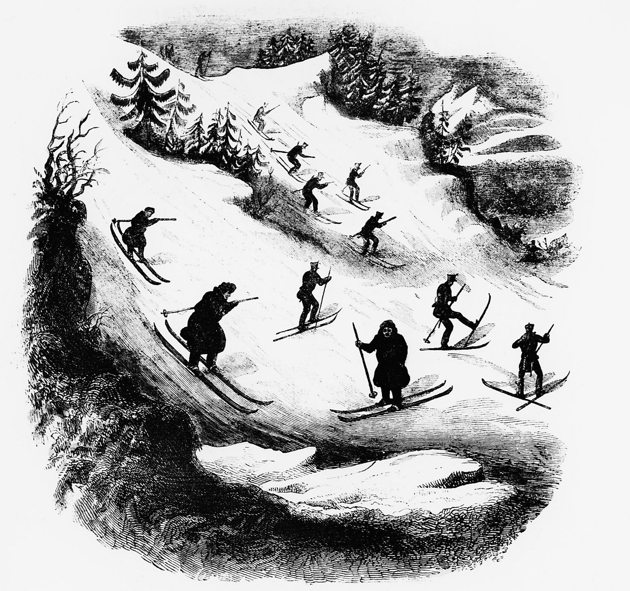 Jeux du Nord: skiløpere nedover et spor - gravering, sent på 1800-tallet. av Unknown artist