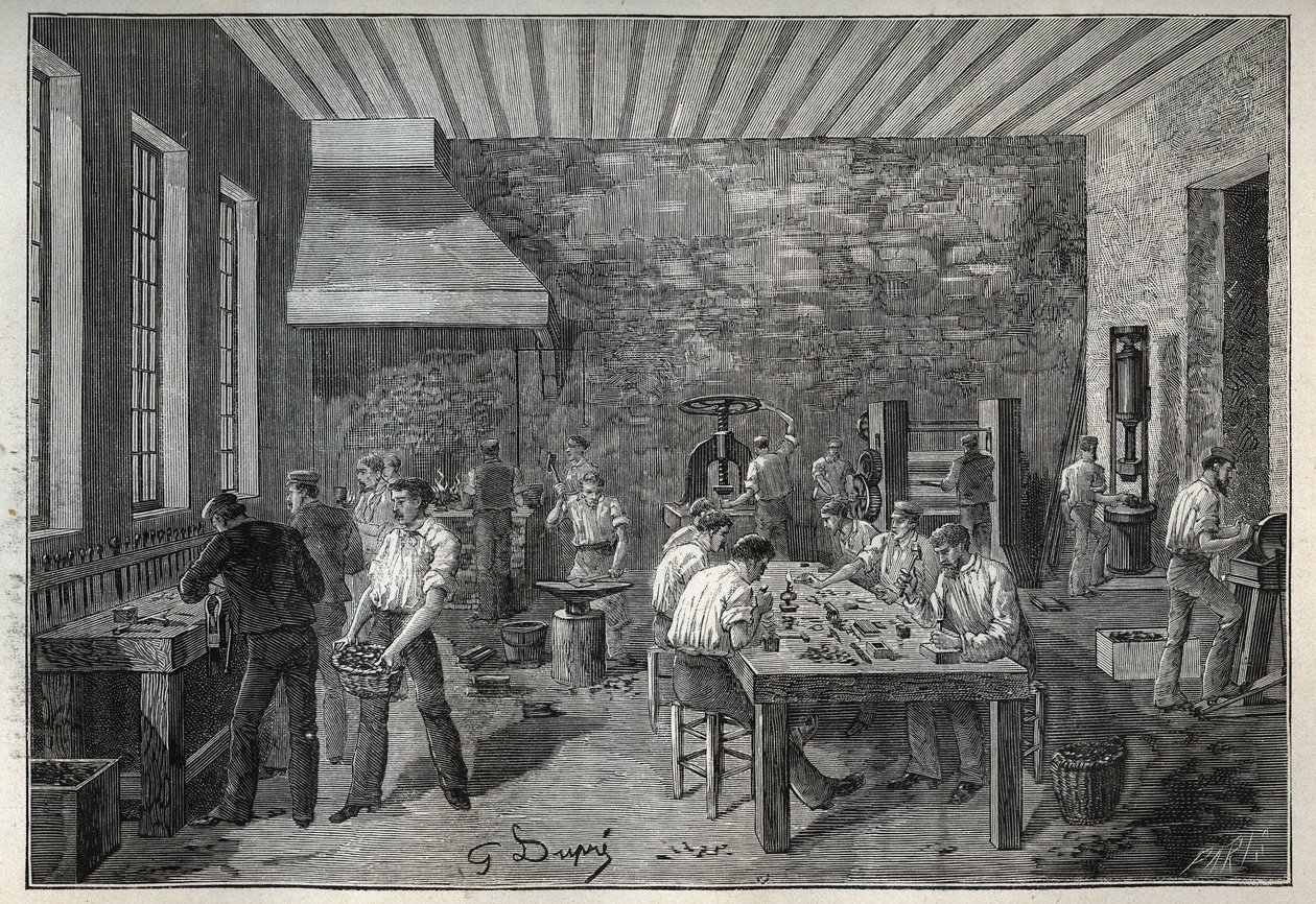 Smykker: stålsmykkefabrikk. Gravering fra 1885 i "" Les arts et metiers illustres"" av Adolphe BITARD. av Unknown artist