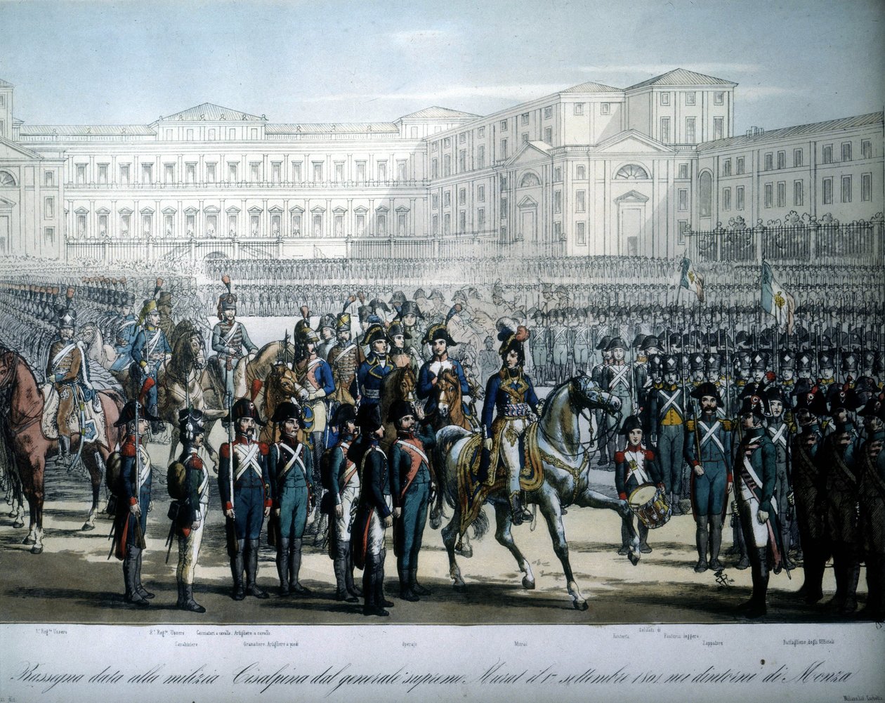 Joachim Murat (1767-1815), utnevnt til marskalk av Frankrike og konge av Napoli av Napoleon, anmelder troppene til den cisalpine republikken av Unknown artist