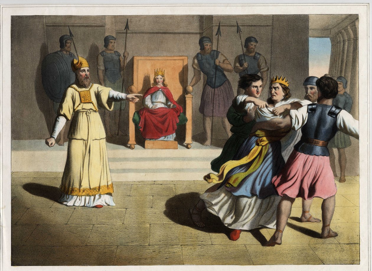 Joash (Jehoash) jaget ut av tronen og beordret dronning Ataljas død ved hjelp av prestene og ble dermed konge av Juda. Anonym gravering fra midten av 1800-tallet. av Unknown artist