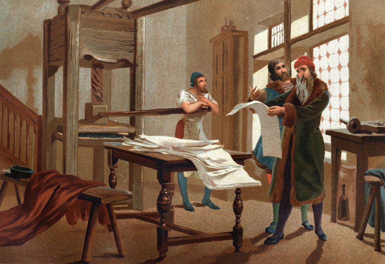 Johannes Gutenberg (1400-1468), tysk boktrykker, trykker det første arket i Bibelen. etter kjente menn og kvinner. Barcelona 1877. av Unknown artist