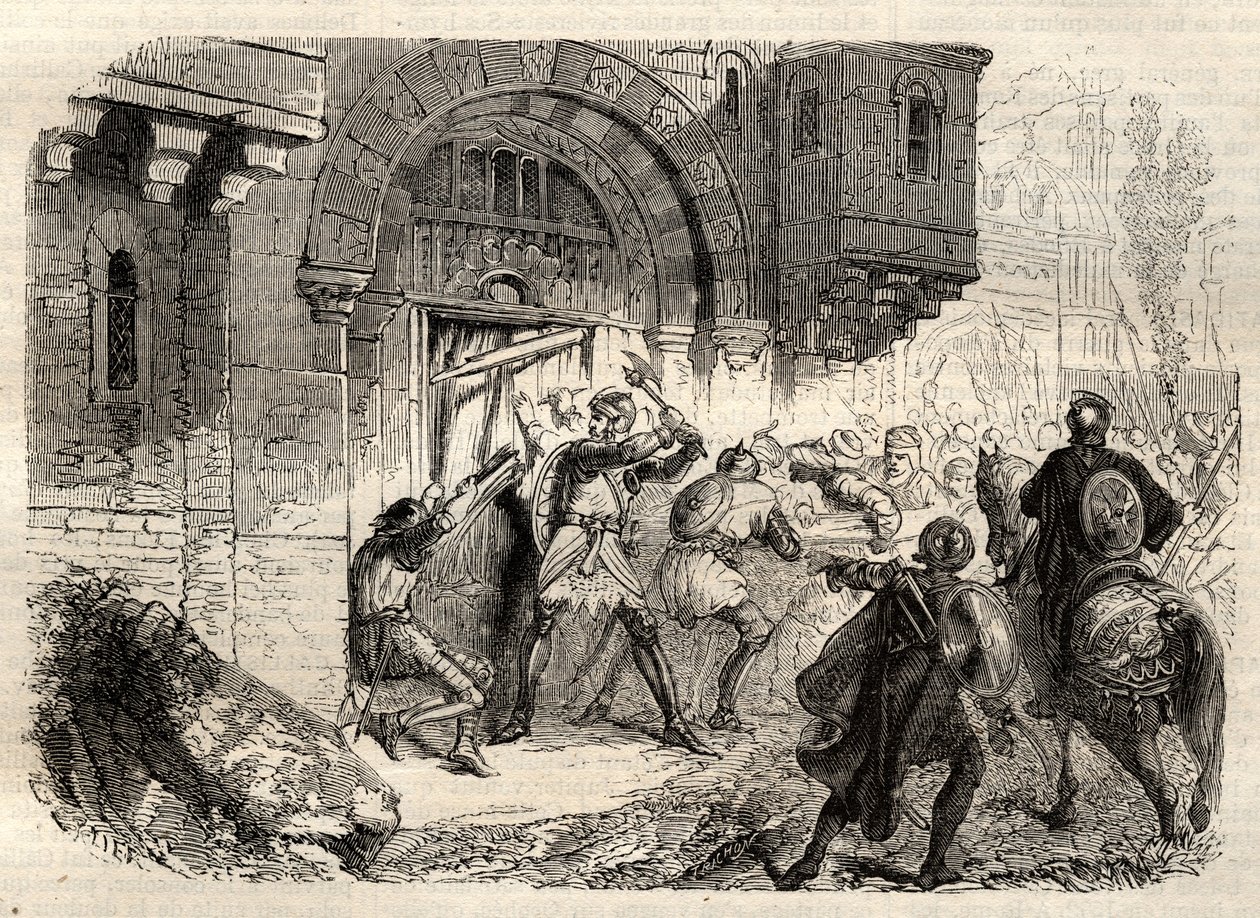 John II Comnenus, Byzantine emperor - The Emperor John II Comnene (1087-1143) at the head of the Greeks driving the door of his Palace in Constantinople - engraving in “” Illustrous Popular Dictionary”” - 1864 - by Joseph Decembre and Edmond Allonier - av Unknown artist