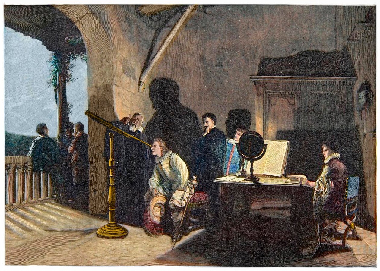 John Milton (1608-1674) besøkte Galileo Galilei under Miltons italienske omvisning i 1638-1639. gravering av Unknown artist