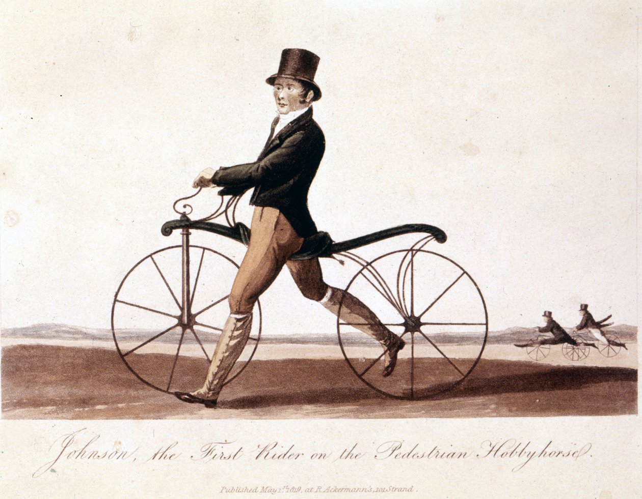 Johnson på sykkel. Dette er modellen oppfunnet av Baron von Drais: Draisienne. Den var laget av tre og det var ingen pedaler ennå. Fargelitografi fra 1819 av Unknown artist