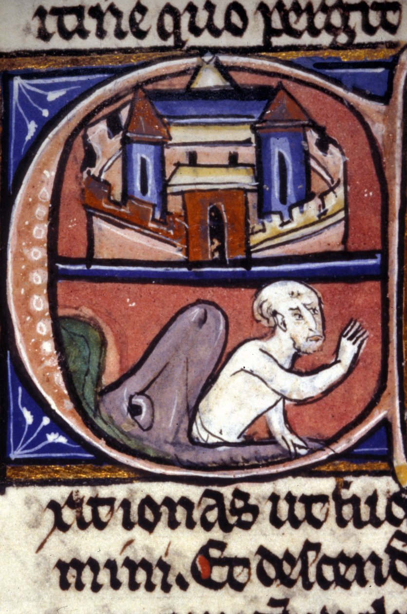 Jonah, etter tre dager og tre netter tilbrakt i magen til en stor fisk, blir kastet opp av dyret. 1300-talls manuskript. Biblioteca nazionale braidense, Milano. av Unknown artist