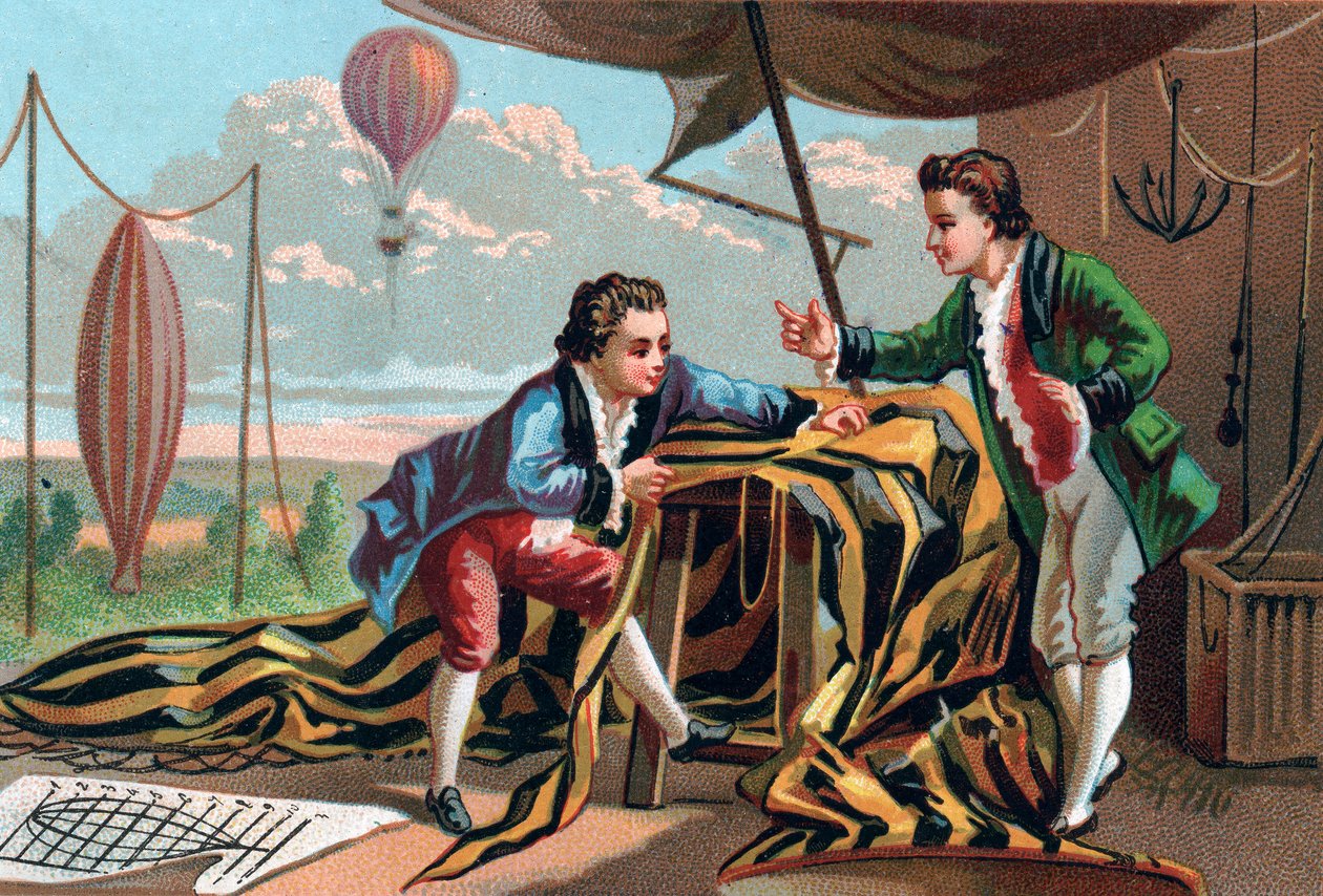 Joseph (1740-1810) og Etienne (1745-1799) de Montgolfier (brødre) oppfant aerostater i 1783. Sen kromolitografi på 1800-tallet. av Unknown artist