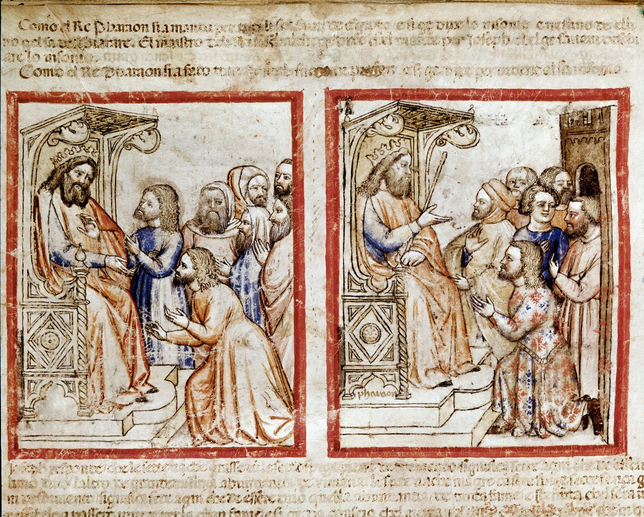 Joseph og brødrene hans henvender seg til farao, brødrene drar etter å ha solgt Josef som en miniatyrslave fra kodeks 212 (eller padovano-kodice eller Bible of Padua) 1390-1400 Rovigo, Accademia dei Concordi av Unknown artist