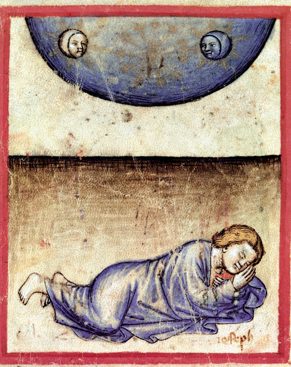 Joseph drømte at solen, månen og elleve stjerner bøyde seg foran ham Miniatyr fra codex 212 (eller padovano codice eller Bible of Padua) 1390-1400 Rovigo, Accademia dei Concordi av Unknown artist