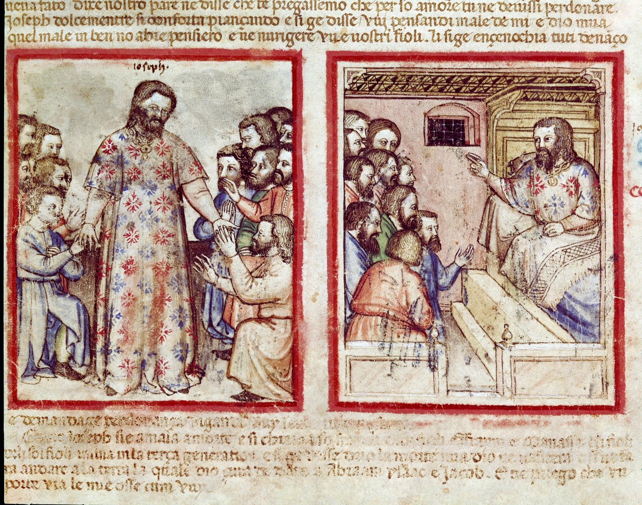 Joseph alvorlig syk i en alder av 110 tilgir brødrene sine som kaster seg ned for ham Miniatyr fra codex 212 (eller padovano codice eller Bible of Padua) 1390-1400 Rovigo, Accademia dei Concordi av Unknown artist