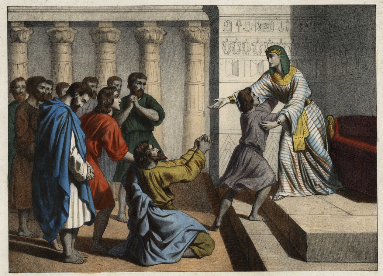 Patriarken Josef, kalt visir av Egypt, blir anerkjent av brødrene sine som fikk ham til å tro på hans død og be om tilgivelse. Anonym gravering fra 1800-tallet. av Unknown artist